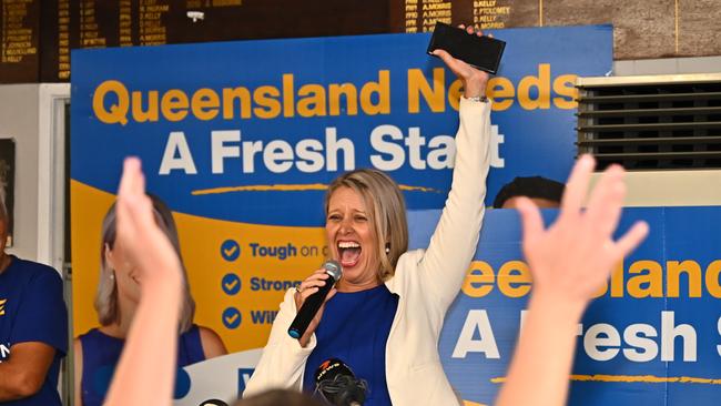 Cairns business woman Bree James claims victory at her post election function at the Stratford Bowls Club on Saturday night. Picture Emily Barker.