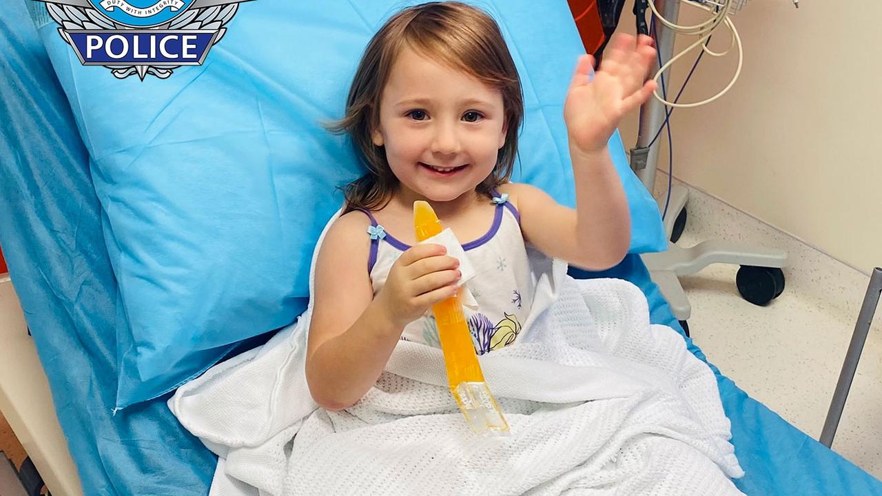 Supplied image of Cleo Smith, waving from her hospital bed, after being rescued this morning. Image supplied by WA Police