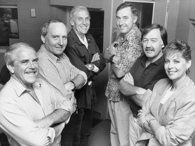 Radio and TV personalities (from left) Brian White, Alan Jones, John Laws, Richard Carleton, George Negus and Elizabeth Hayes.