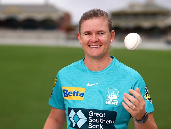 BRISBANE, AUSTRALIA - OCTOBER 10: Jess Jonassen of the Heat poses during the Women's Big Bash League Cricket Season Launch at Allan Border Field  on October 10, 2022 in Brisbane, Australia. (Photo by Chris Hyde/Getty Images for Cricket Australia)