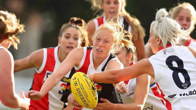 Alison Drennan of the Southern Saints in action during the VFLW round three match against the Casey Demons at Skybus Stadium. Picture: Graham Denholm