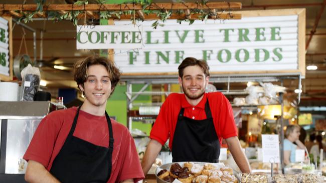 Cairns brother Caleb and Eli Daly at their shop Olive Tree Fine Foods in Rusty's Markets. Picture: Stewart McLean
