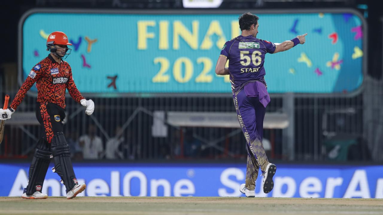 Mitchell Starc celebrates the wicket of Abhishek Sharma during the IPL final. (Photo by Pankaj Nangia/Getty Images)