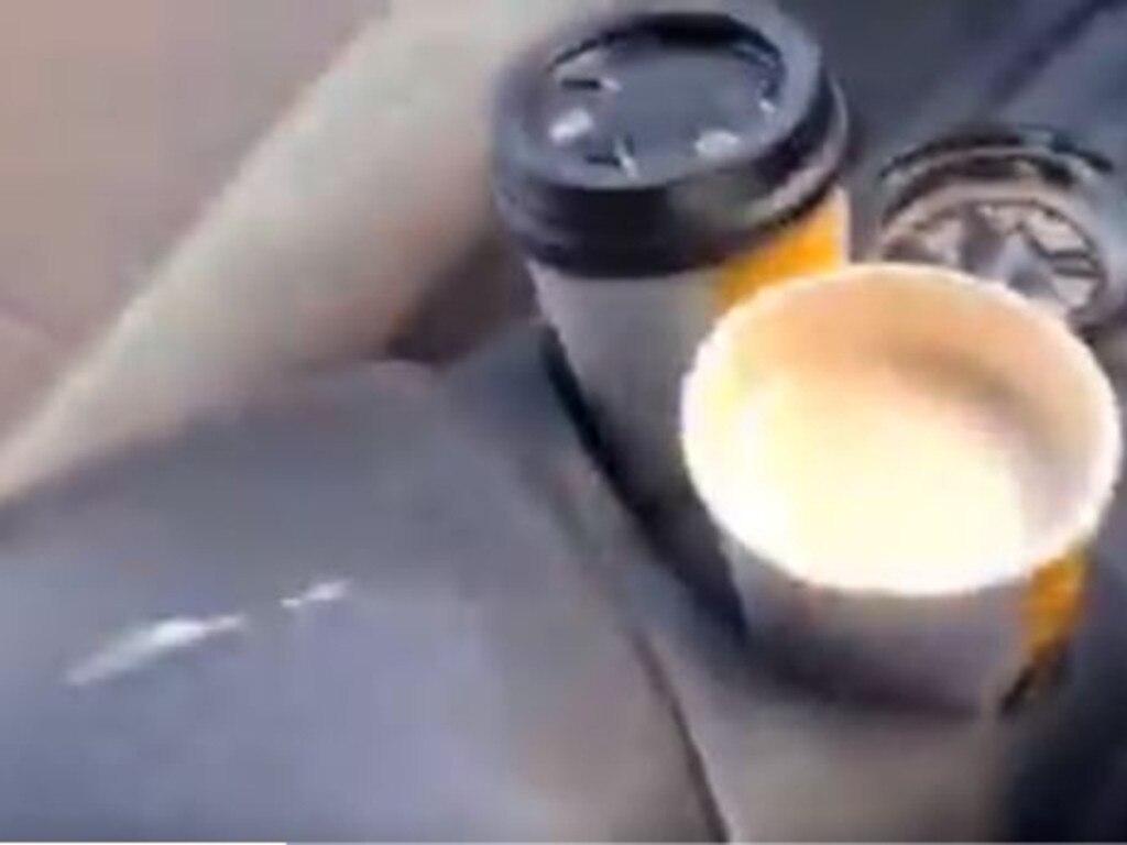The coffee with the loose lid (R) and it’s replacement after the incident in Mr Billing’s car. Picture: Supplied