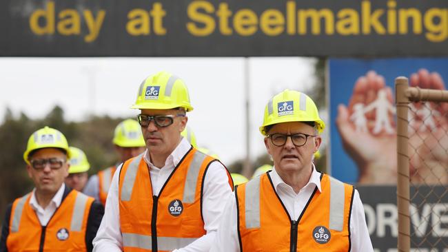 Anthony Albanese and Premier Peter Malinauskas during a visit to the Whyalla steelworks. NCA NewsWire/David Mariuz