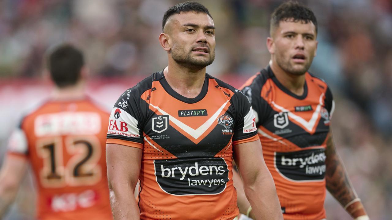 SYDNEY, AUSTRALIA - MAY 13: David Nofoaluma of the Tigers reacts during the round 11 NRL match between South Sydney Rabbitohs and Wests Tigers at Accor Stadium on May 13, 2023 in Sydney, Australia. (Photo by Brett Hemmings/Getty Images)