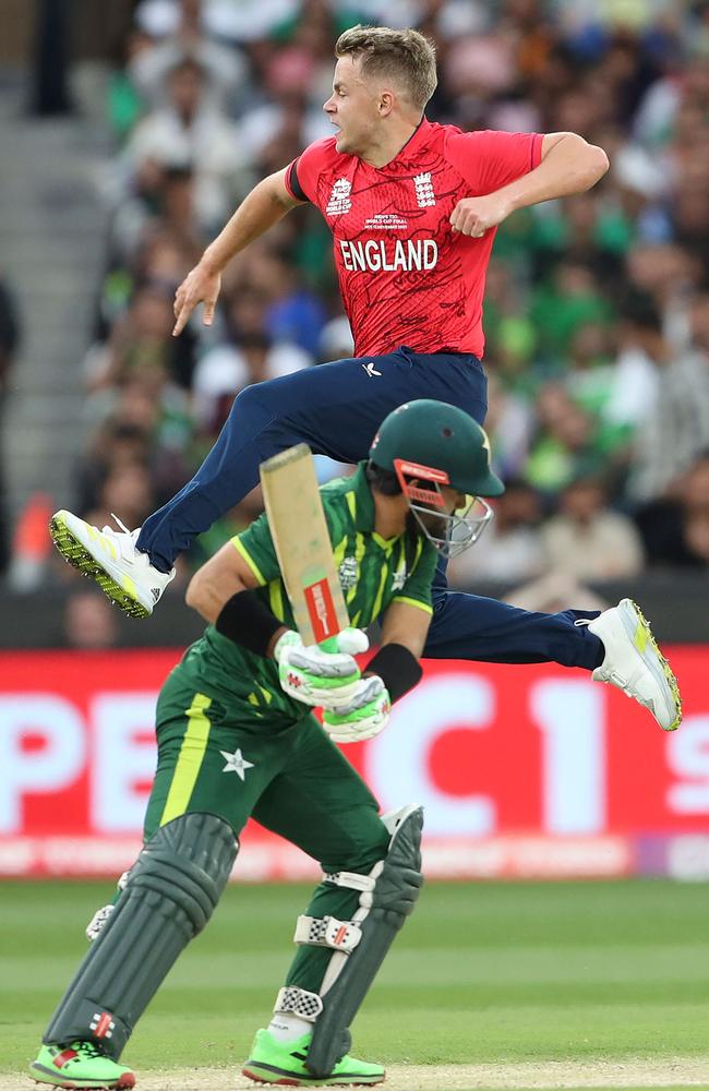 England's Sam Curran jumps for joy as he celebrates his wicket of Pakistan's Muhammad Rizwan. Picture: AFP