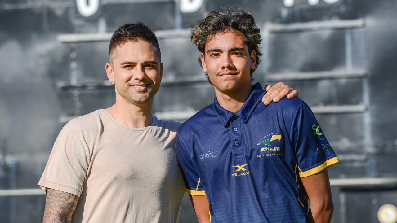 Port Adelaide great Peter Burgoyne and his son Jase. Picture: Brenton Edwards