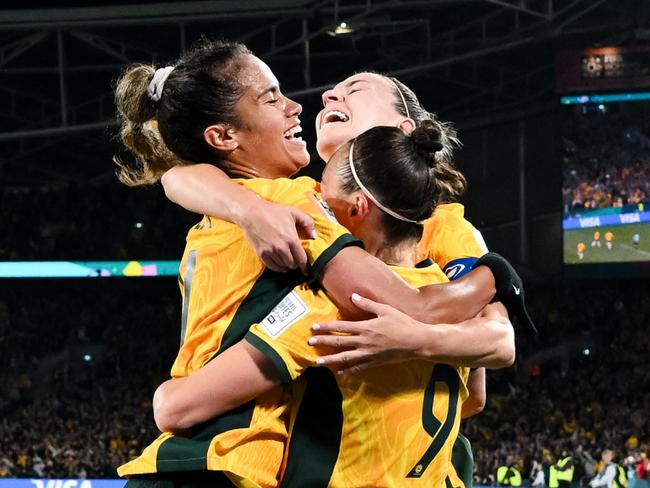 SYDNEY, AUSTRALIA - AUGUST 07: Caitlin Foord of Australia celebrates a goal during the Women's World Cup round of 16 football match between the Australia Matildas and Denmark at Stadium Australia on August 07, 2023 in Sydney, Australia. (Photo by Steven Markham/Icon Sportswire via Getty Images)