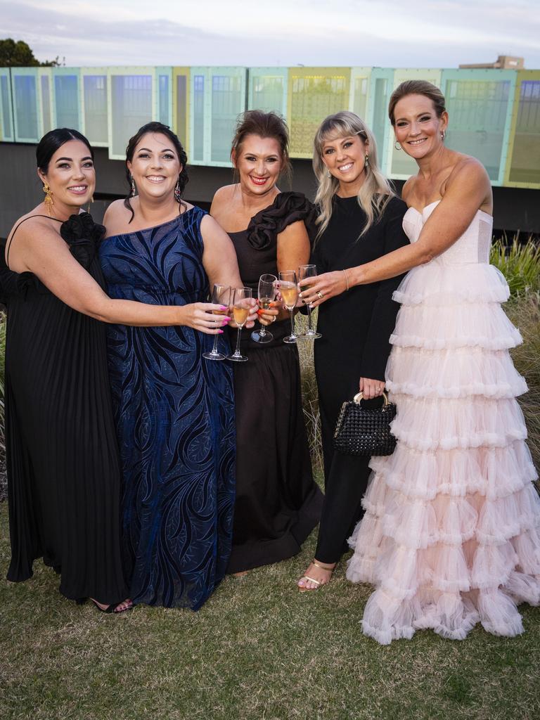 At LifeFlight Toowoomba Gala are (from left) Rebecca Rees, Claire Graham, Lynn Skuse, Hannah Codd and Robyn Carter at The Goods Shed, Saturday, May 6, 2023. Picture: Kevin Farmer