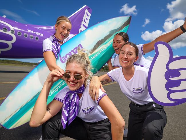 Bonza Flight attendants (left) Jade Lankester (front) Jasmin Elliott Justis Adams and Emma McBreen (are right big hand) at Sunshine Coast Airport pic Peter Wallis