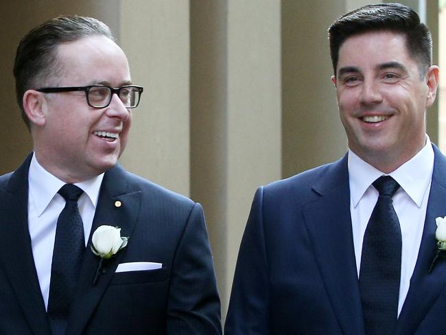 SUNDAY TELEGRAPH SPECIAL. SYDNEY, AUSTRALIA - NOVEMBER 02: Qantas CEO Alan Joyce and partner Shane Lloyd are seen in Sydney on their way to their wedding ceremony on November 02, 2019 in Sydney, Australia. (Photo by Lisa Maree Williams/Getty Images)