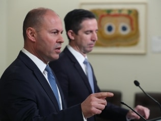 Treasurer Josh Frydenberg and Finance Minister Simon Birmingham released the Coalition's election costings at a press conference in Melbourne: NCA NewsWire / David Crosling