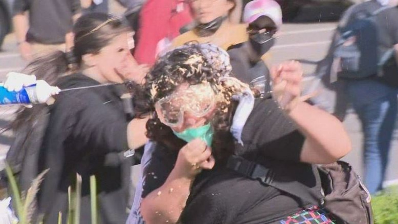 Protests turn violent at Port Melbourne as police escalate the response. Picture: Nine