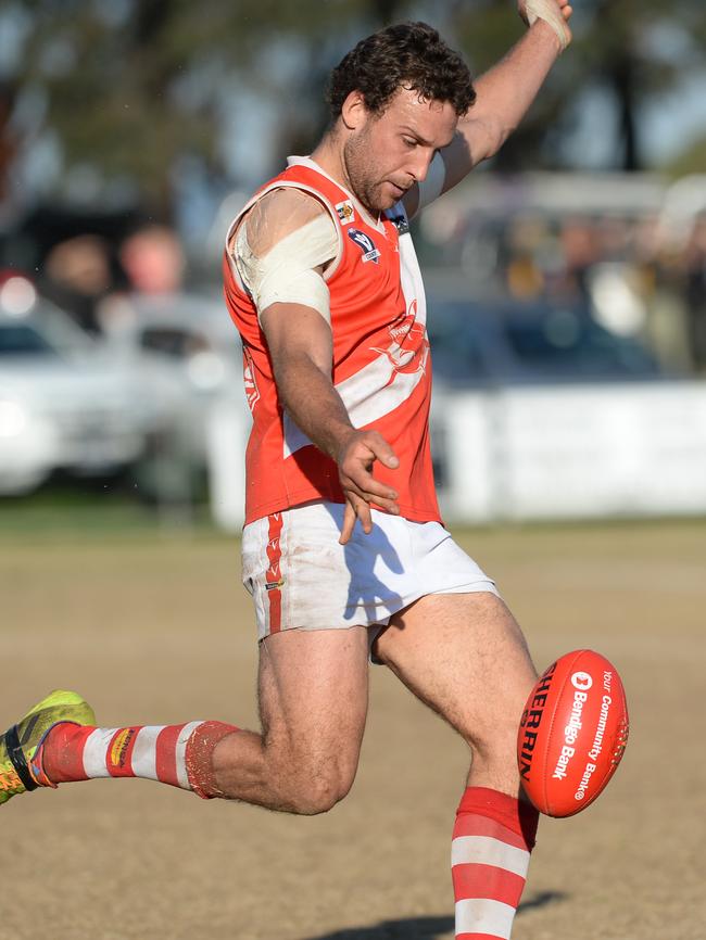 Sorrento champion Ben Schwarze drives his team into attack against Dromana. Picture: Susan Windmiller