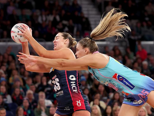 Vixens star Sophie Garbin catches the ball against Kim Brown during the crucial win. Picture: Getty