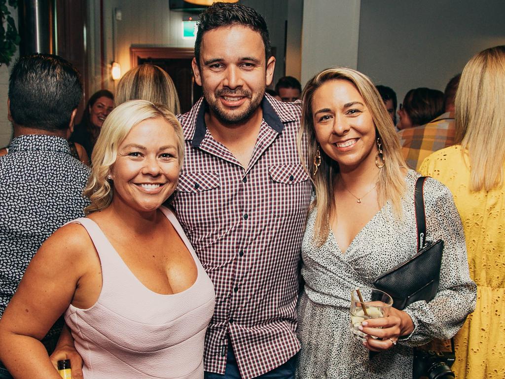 Tammy Wood, Olly Heather and Carina Mystek at The Spotted Cow reopening in Toowoomba. Socials: Damien Anthony Rossi | Picture: Ali Rasoul