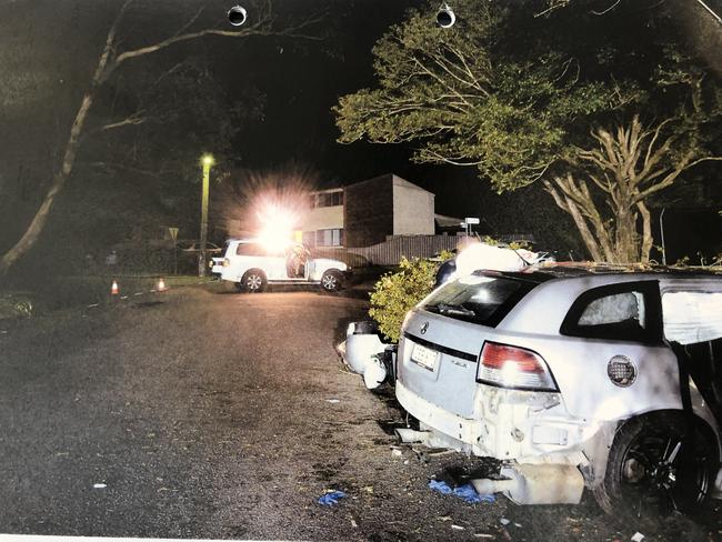 Crash scene pictures tendered in court of Marlee Rose Kelley's Holden Commodore after ploughing into a tree at Wyongah. Picture: supplied.