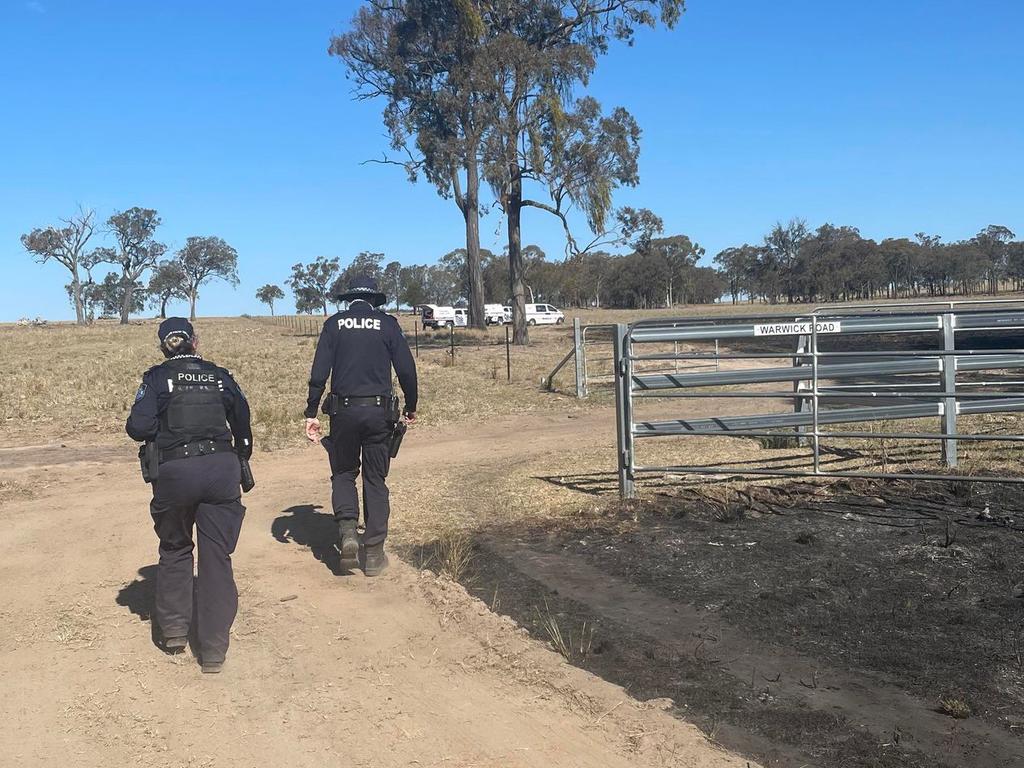 Police at the scene of an aircraft crash southwest of Warwick at Palgrave.