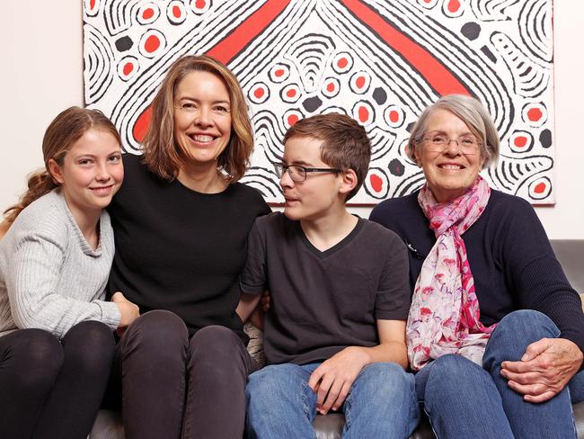 Rowena Newman with daughter Claudia 11, son Daniel 13 and her mother Stephanie Newman. Rowena was 47 yrs old, fit, healthy and busy with her career and two children when she had a cardiac arrest at home on the 6th of November 2020. Claudia was the one who called triple-0. Picture: Tim Hunter.