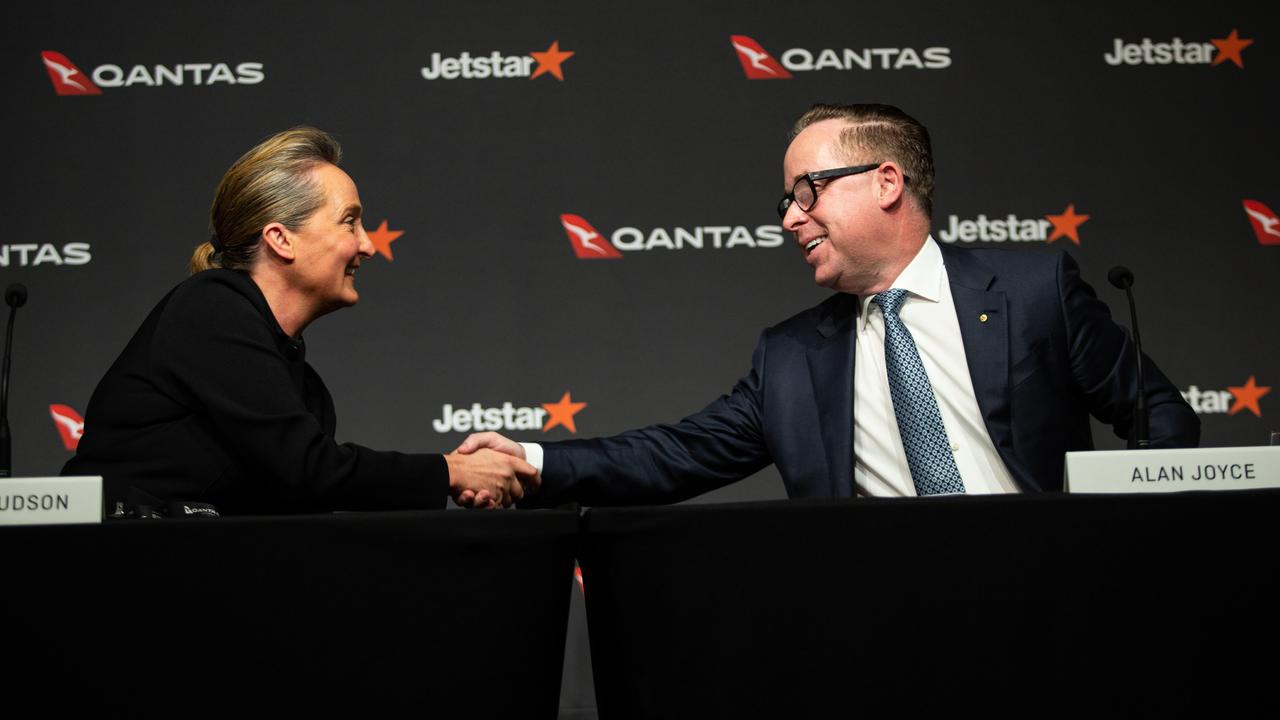 Qantas CEO Vanessa Hudson with former boss Alan Joyce at the airline’s annual results in August. Picture: Christian Gilles/NCA NewsWire