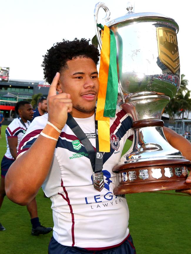 National Schoolboys Cup rugby league grand final between Ipswich SHS (white shirt) and Patrician Brothers Fairfield. Ipswich captain Josiah Pahulu - Redcliffe 14th September 2022 Picture David Clark