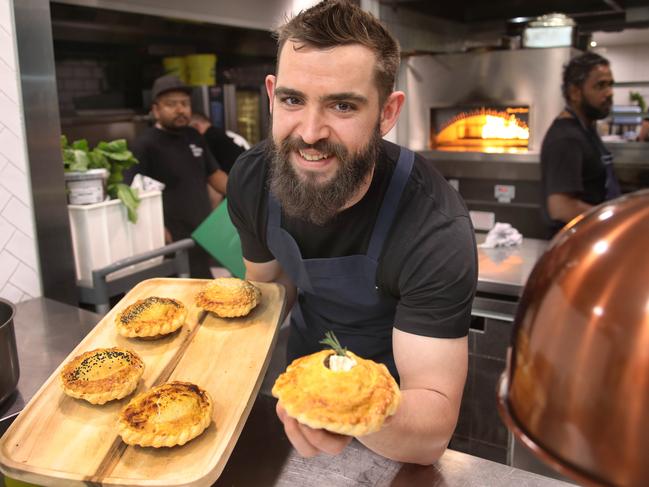 Chef Gypsy Smith (0435180805) with pies he is now baking in a new pop-up bakery, after the business was affected by the massive Stirling Mall fire. 19 October 2023. Picture Dean Martin