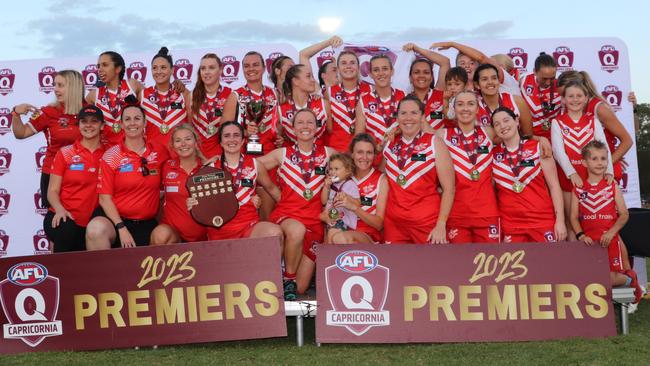 Yeppoon Swanettes celebrate back-to-back AFL Capricornia grand final victories.