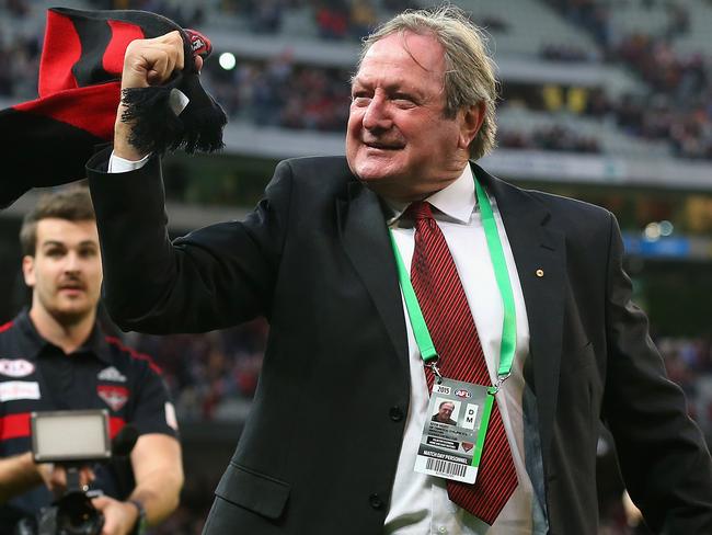 MELBOURNE, AUSTRALIA - APRIL 12: Kevin Sheedy the former coach of the Bmbers waves his scarf after winning the round two AFL match between the Essendon Bombers and the Hawthorn Hawks at Melbourne Cricket Ground on April 12, 2015 in Melbourne, Australia. (Photo by Quinn Rooney/Getty Images)