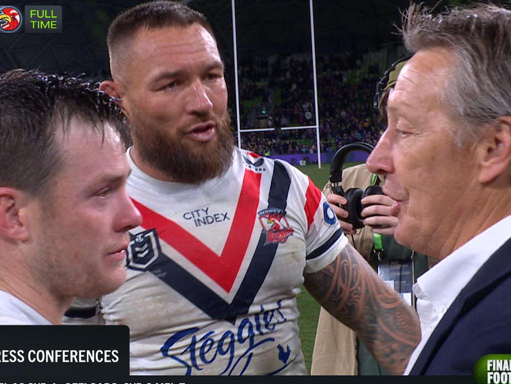 Craig Bellamy's post-match moment with Roosters stars Luke Keary and Jared Waerea-Hargreaves. Picture: Fox Sports