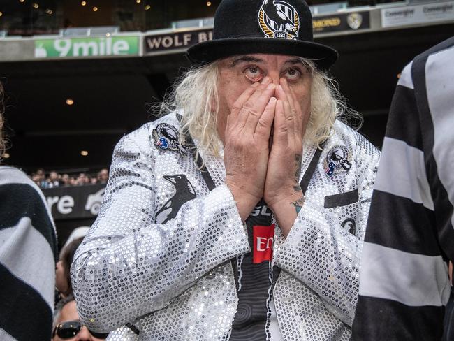 2018 AFL Grand Final at the MCG between Collingwood Magpies and West Coast Eagles. Collingwood's Joffa struggles as his team begins to loose. Picture: Jason Edwards