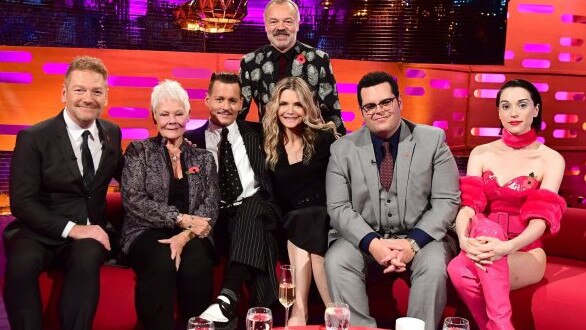 Murder On the Orient Express collaborators Sir Kenneth Branagh, Dame Judi Dench, Johnny Depp, Michelle Pfeiffer, Josh Gad, with Graham Norton and St. Vincent on the Graham Norton Show in London. Picture: PA Images on behalf of So TV.