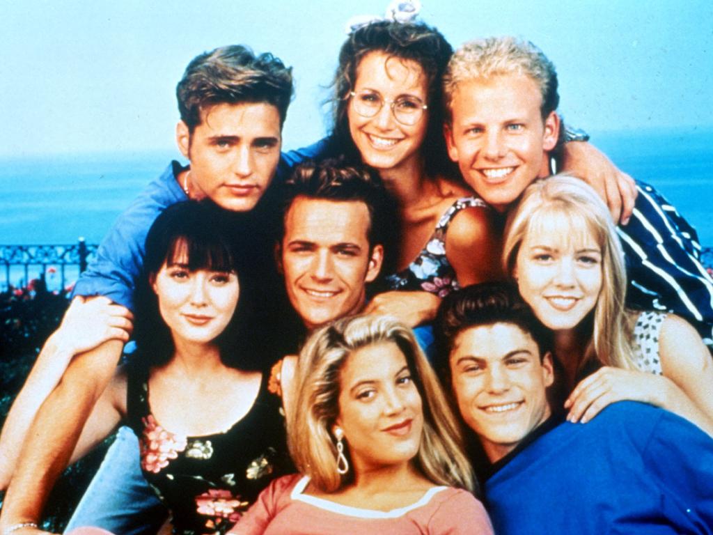 Teenage dreams. 90210 stars Jason Priestley, Gabrielle Carteris, Iain Ziering, Jennie Garth, Brian Austin Green, Tori Spelling, Luke Perry and Shannen Doherty. Picture: Supplied