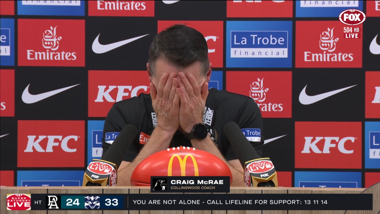 Craig McRae broke down in his post-match press conference. Photo: Fox Sports