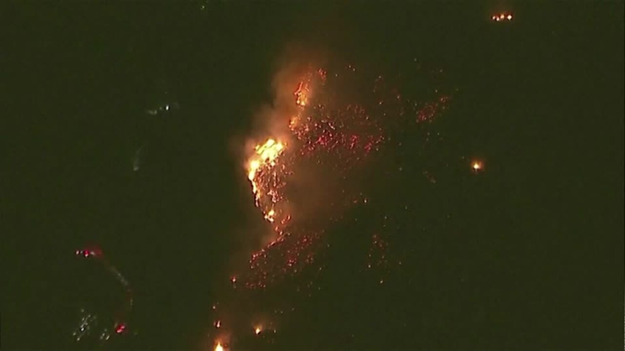 Aerial view of Los Angeles as wildfires burn through the night
