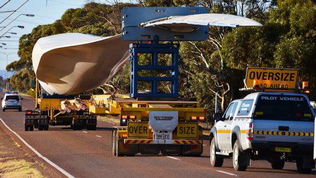 A turbine blade on its way to Port Augusta after being offloaded at the Whyalla port. Pic: Supplied