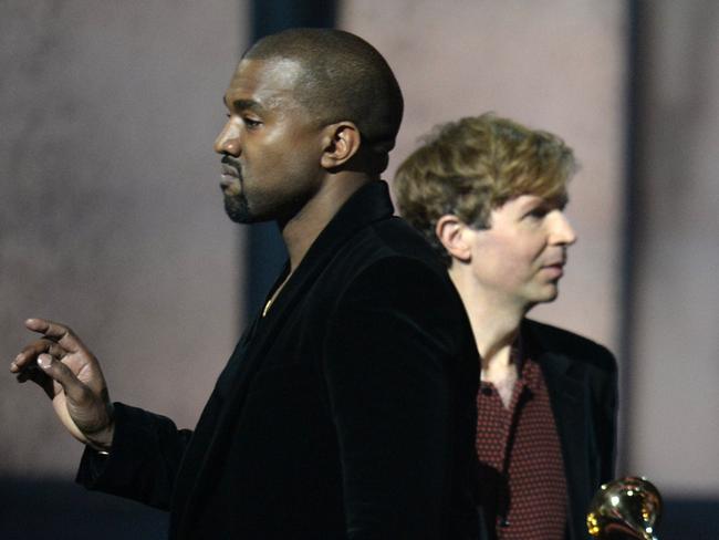 Gatecrash ... Beck reacts as Kanye West appears on stage at the 57th Annual Grammy Awards. Picture: AFP