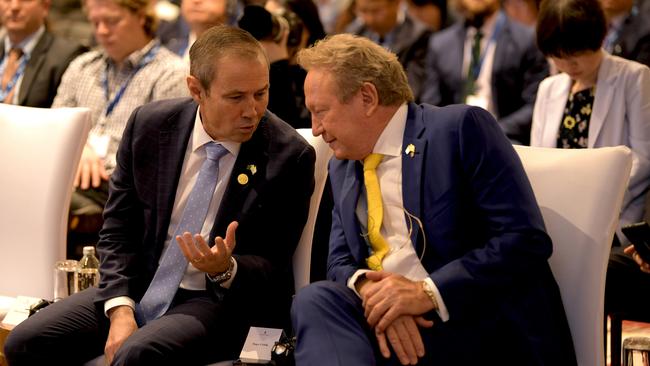 Fortescue boss Andrew Forrest, right, listens to WA Premier Roger Cook at the Boao Forum in Perth on Wednesday. Picture: NCA NewsWire / Sharon Smith