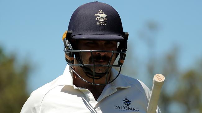 Harry Dalton of Mosman walks off after being dismissed by Jack Blatherwick of Blacktown Mounties during round 4 of the NSW Premier Grade cricket match at Allan Border Oval on October 29, 2022 in Mosman. (Photo by Jeremy Ng/Newscorp Australia)