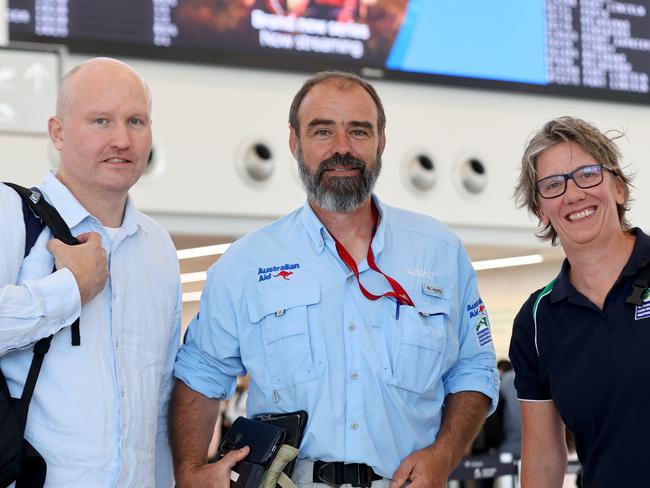 December 22, 2024: Dr Jeremy Brammer, Dr James Doube and Dr Cat Balfour at Adelaide Airport to travel to Vanuatu to work alongside existing medical teams  already assisting in the recovery efforts following devastating earthquake on the 17th of December, 2024. Picture: Kelly Barnes