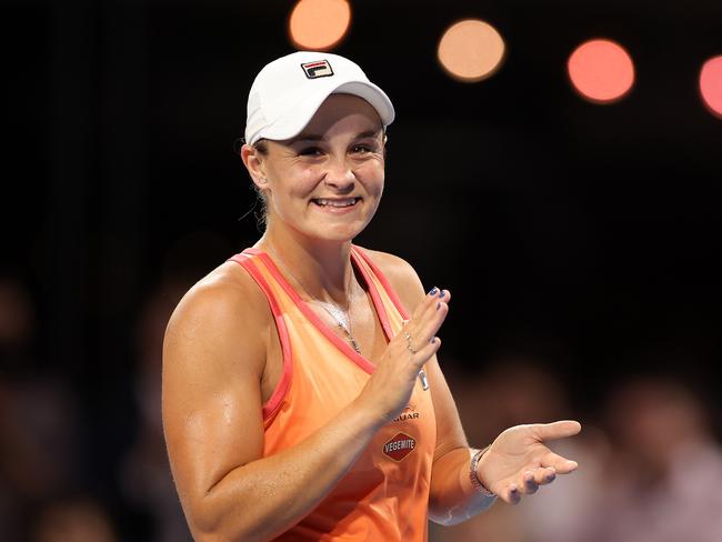 ADELAIDE, AUSTRALIA - JANUARY 29: Ashleigh Barty of Australia reacts after her match against Simona Halep of Romania during the 'A Day at the Drive' exhibition tournament at Memorial Drive on January 29, 2021 in Adelaide, Australia. (Photo by Daniel Kalisz/Getty Images)