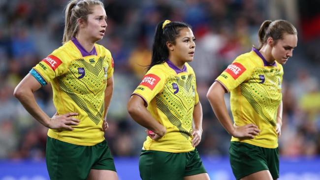 Jillaroos react after losing the World Nines final. 