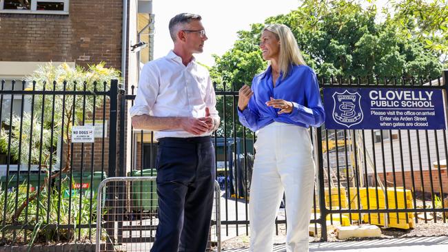 Premier Dominic Perrottet (left) with Liberal Coogee candidate Kyle von Muenster in Clovelly. Picture: Toby Zerna