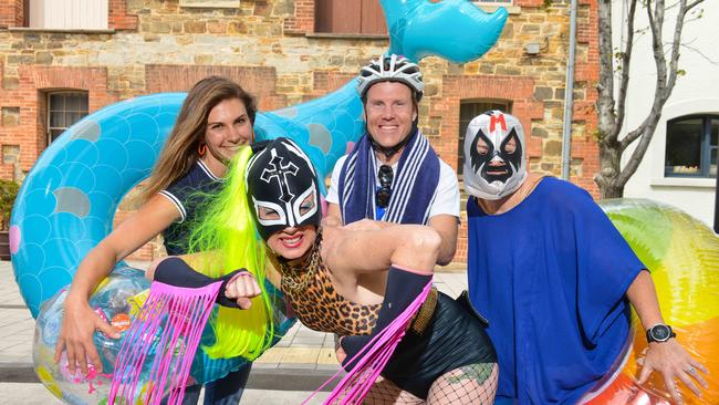 Preparing for Tour Down Under celebrations in Lipson Street at the Port with PAE Mayor Claire Boan, Incognito, Greg the Cyclist and The Director. Photo: AAP/Brenton Edwards