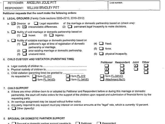 The 11-page court document is also requesting that ‘miscellaneous jewellery and other personal effects’ are considered separate property, along with earnings and accumulations made by Jolie after the date of separation. Picture: Splash