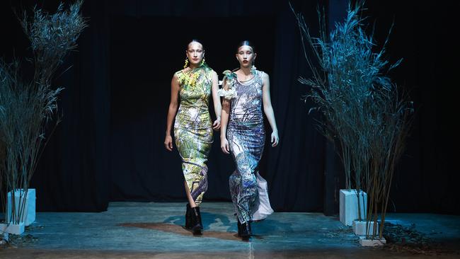 Models showcase the Green Love collection from designer Bernard Singleton at the Cairns Indigenous Art Fair fashion performance, Woven, held at the Tanks Arts Centre, Edge Hill. Picture: Brendan Radke