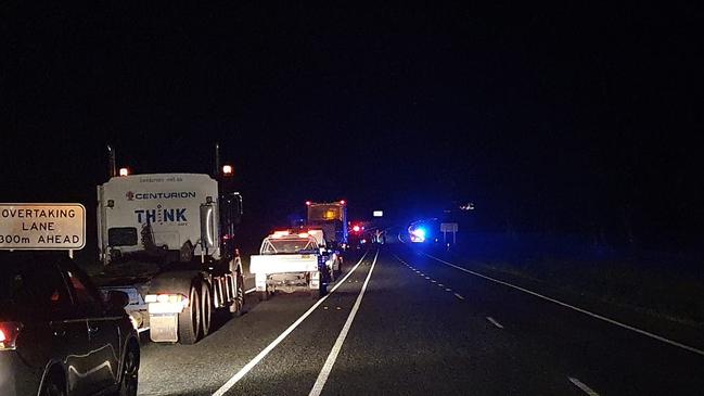 A man has died overnight in a crash on the Peak Downs Highway near Nebo that has closed the roadway for several hours.