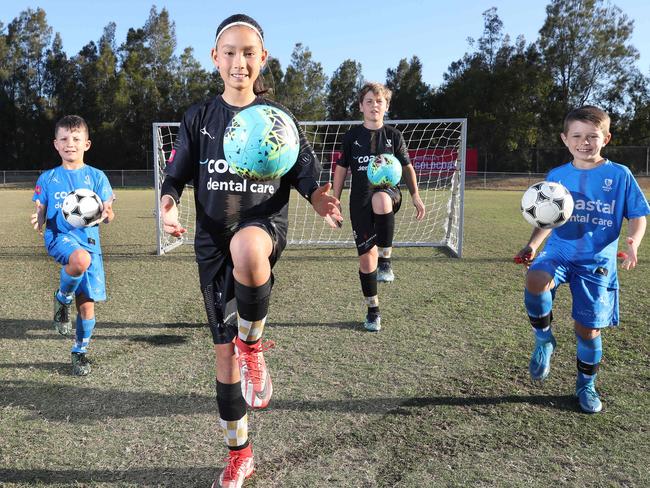 Getting ready for the Premier Invitational soccer tournament being livestreamied on Friday are from left, Remi Begovic U/8, Akira Booth U/12, Xavi McGrath-Serramalera U1/12 and Levi Murphy U/8. Picture Glenn Hampson