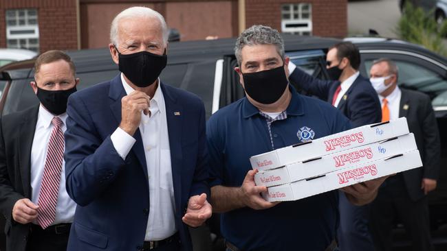 Joe Biden delivers pizzas to Pittsburgh Firefighters in Pittsburgh, Pennsylvania. Picture: AFP.