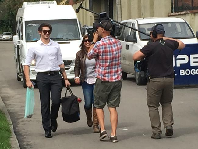 Cassie Sainsbury’s fiance, Scott Broadbridge, walks towards El Buen Pastor women’s prison, shadowed by a crew from Channel 7’s Sunday Night. Picture: James Law/news.com.au